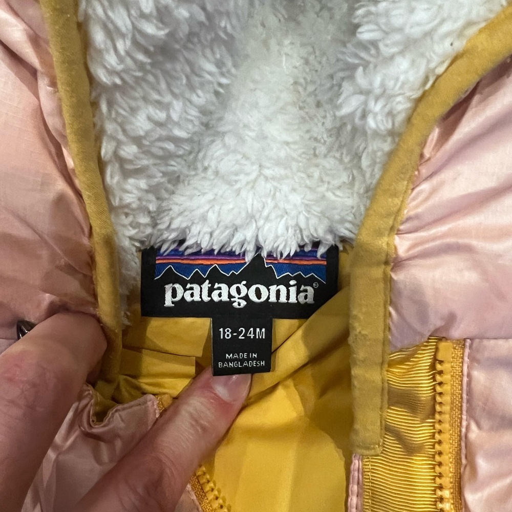 Patagonia Snowsuit 18-24 months Light Pink with yellow trim